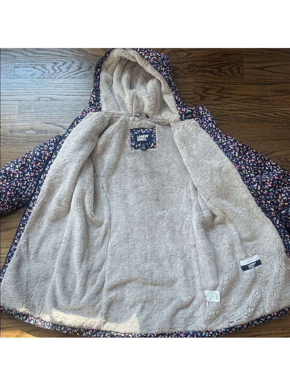 Lands' End Floral Long Winter Parka Hooded Coat Faux Fur Lining Sz Large 10-12 - Picture 10 of 14